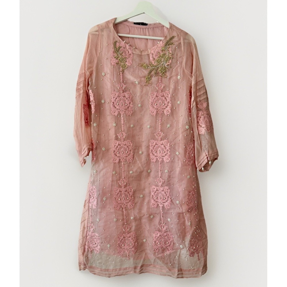 Agha Noor Amira Embellished Tunic Pink Gold Pearl Charms Crystals w/ Liner Small